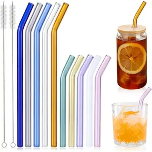 10 count  Colorful Bent Glass Straws,Size 9''x10mm and 6''x10mm Cute Short Glass Straws Shatter Resistant with 2 Cleaner Brush for Beverages,Coffee,Juice,,Teas