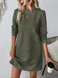 Women's Long Sleeve Casual Knitted Dress, Loose Fit Straight Tube Top, All Season Plain Design, Moderate Fabric Thickness, Fitted Style