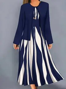 Women's Casual Comfort Dress Set, Geometric Pattern Print Fashion Vacation Outerwear Vest Long Skirt Two-Piece Suit, Perfect for Daily Gatherings, Outfit Sets Women
