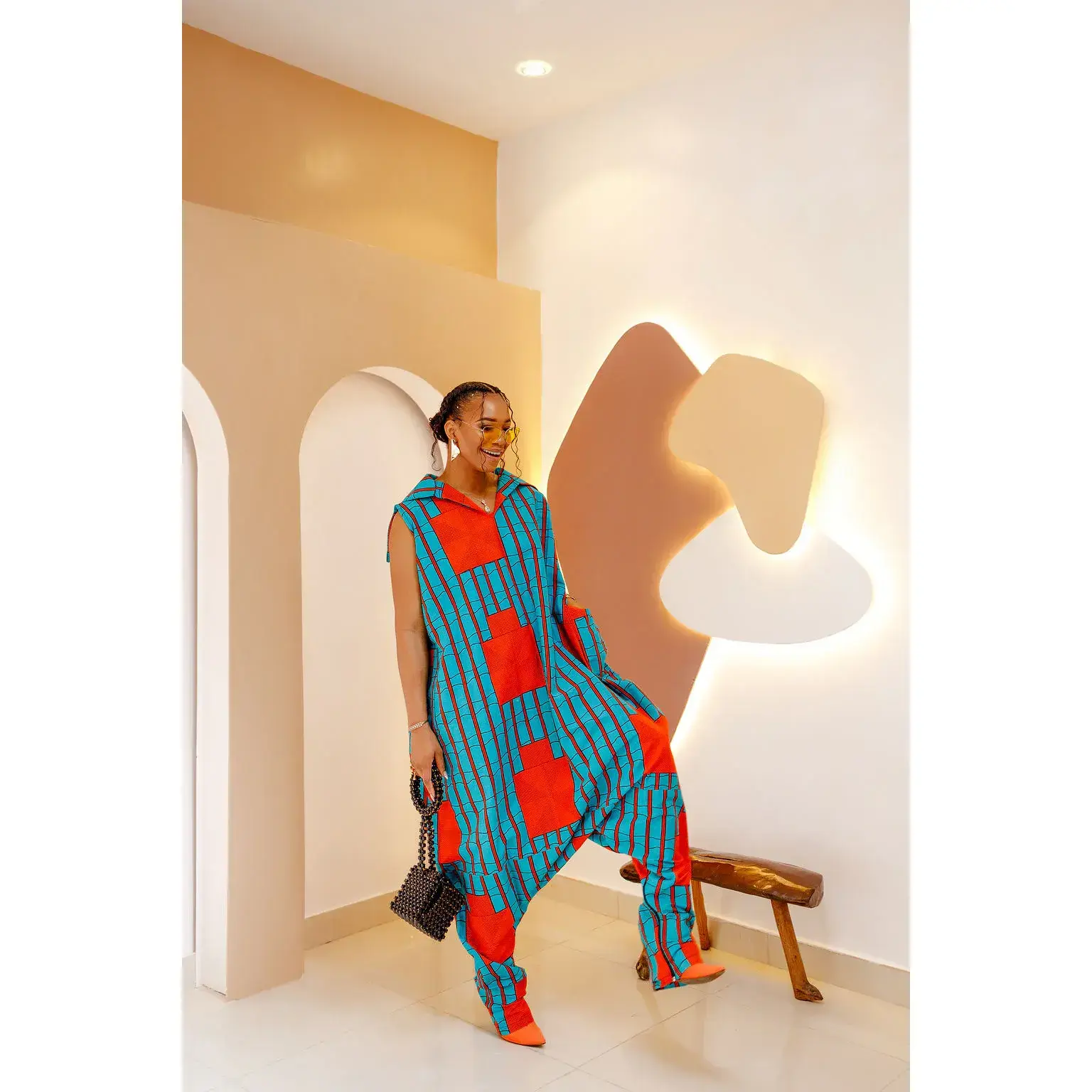 Women's Formal Cotton Ankara Fabric Reversible Sleeveless High Neck Full-Length Zip-Up Oversized 1-Piece Jumpsuit-Dress with Cotton Prints