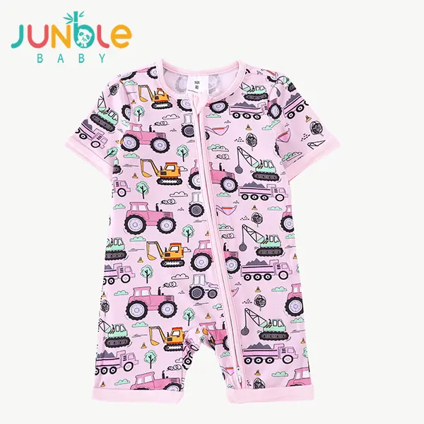 JUNBLEBABY Soft Bamboo Fiber Baby Sleepwear, Unisex Reversible Footed Romper with Excavator Print, Short Sleeves, Double Zippers, Baby Clothing