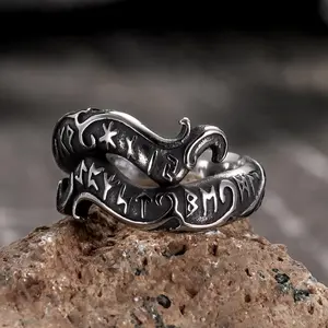 GTHIC Vintage Rune Symbol Serpent Stainless Steel Viking Ring for Men and Women Nordic Fashion Accessories Birthday Gifts