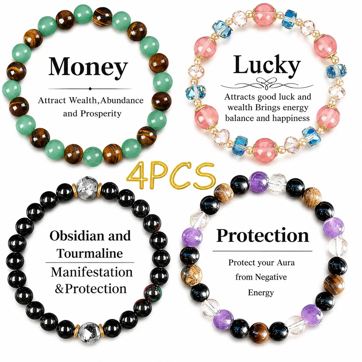 Crystal Beaded Bracelets for Women and Men - Tiger Eye, Obsidian, Black Tourmaline Jewelry for Banquet Party - Money Attraction, Good Luck, Protection Bracelet Encouragement Gift for Her couple bracelet Daily Wear summerwins FathersDayGift