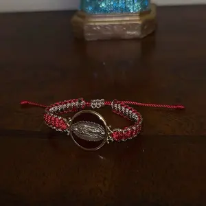 Classic Our Lady of Guadalupe Adjustable Bracelet - Red and Beige with Gold-Tone Centerpiece, Versatile Design, Wrist Size Adjustability, Ideal for Anniversary Gifting