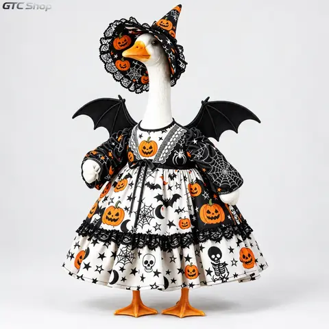 23-in Porch Goose Costume Wear, Polyester Multicolor Clothes with Pumpkin Skull Bat Prints, Spider Web Accents, Hat & Wings for Lawn Patio Outdoor Party Decorations, Festive Party Supply
