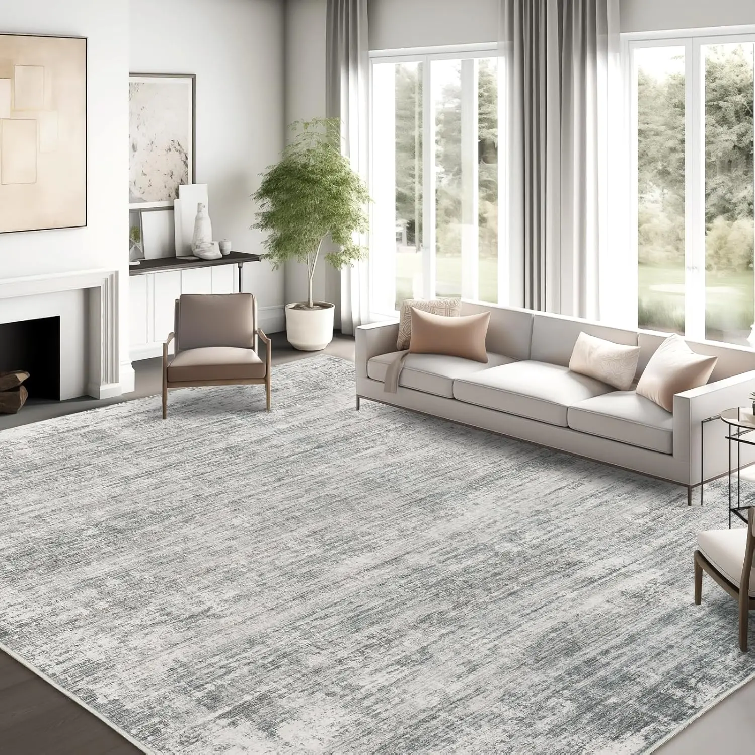 Art&Tuft Washable Abstract Artwork Indoor Area Rug - Non-Slip Backing, Stain Resistant, Soft Monochrome Non-White Rug for Living Room, Bedroom, Artwork Area Rugs, Abstract Area Rugs