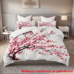 3pcs Romantic Cherry Blossom Print Duvet Cover Set, Soft Comfort Bedding, Includes 1 Duvet Cover + 2 Pillowcases, Home Decor