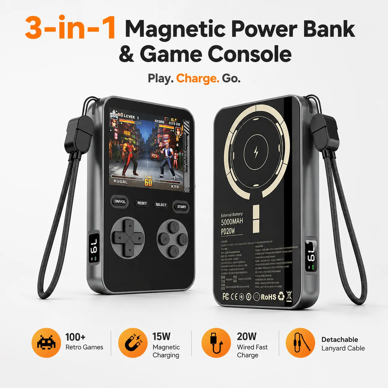 Magnetic Wireless Power Bank Charger - Retro Game Console with 1500+ Classic Games, 15W MagSafe for iPhone 12-16, Compact Travel-Friendly Battery Power Bank, Cool Gadgets, Teenage Boy Gifts, Multi-Device Charging Electronics Accessory, Cells