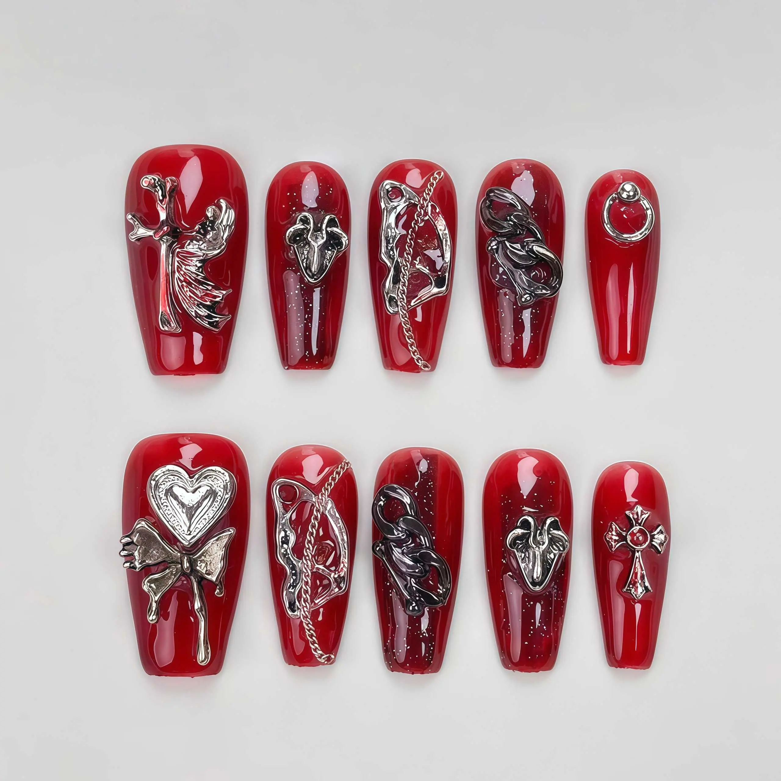 S79 Gothic Red Mid-Length Trapezoidal Press-On Nails | acrylic press-on| fake nails | high quality 10 pcs|reusable nails|nail art|nail charm | Salon-Quality, Long-Lastinghigh qualityHoliday Nail Art for Everyday Wear or Gift