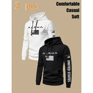 Men's Casual Hoodie: Diamond-Quilted with Alpha Letter & American Flag Print - Comfortable Casual Style