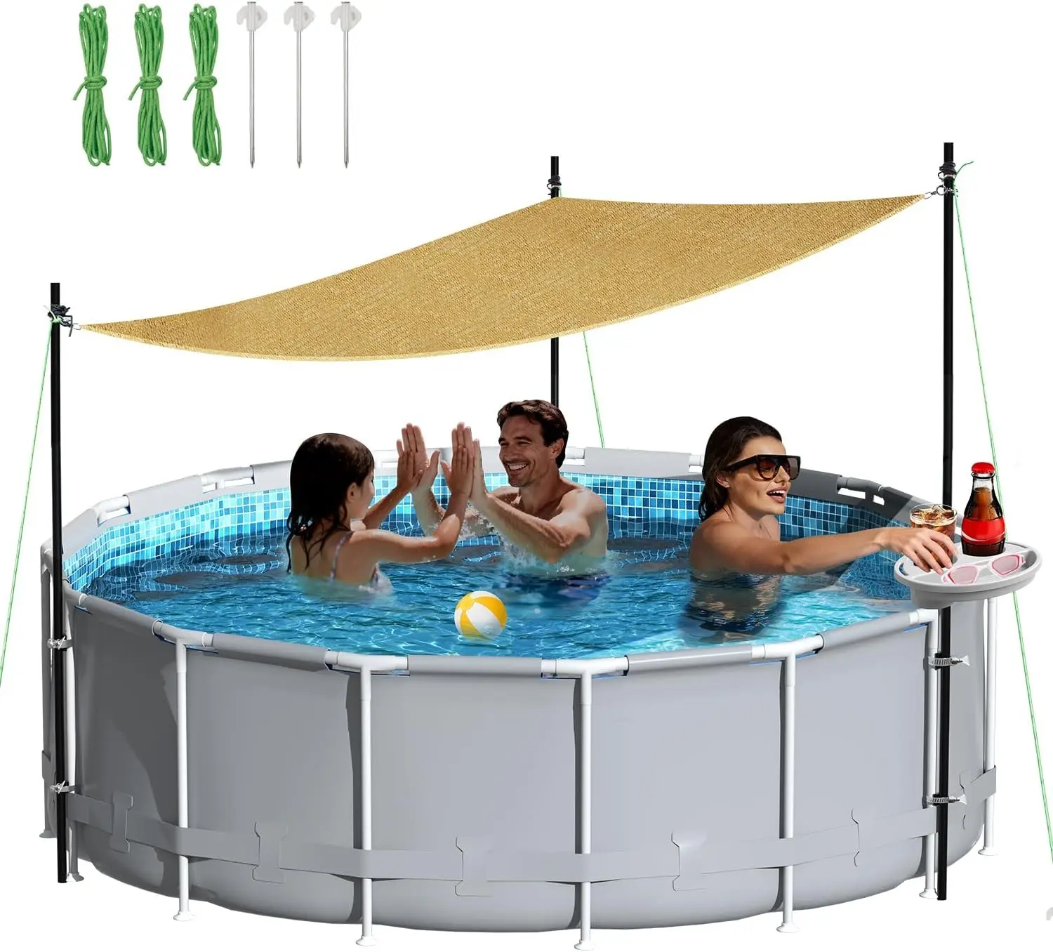Above Ground Pool Canopy Sunshade Set with Storage Tray, Triangular 13'x13'x13' Shade Sail for 15-22 FT Pools, UV-Resistant Shade Cloth Swimming Pool Awning Cover for Deck Patio Garden