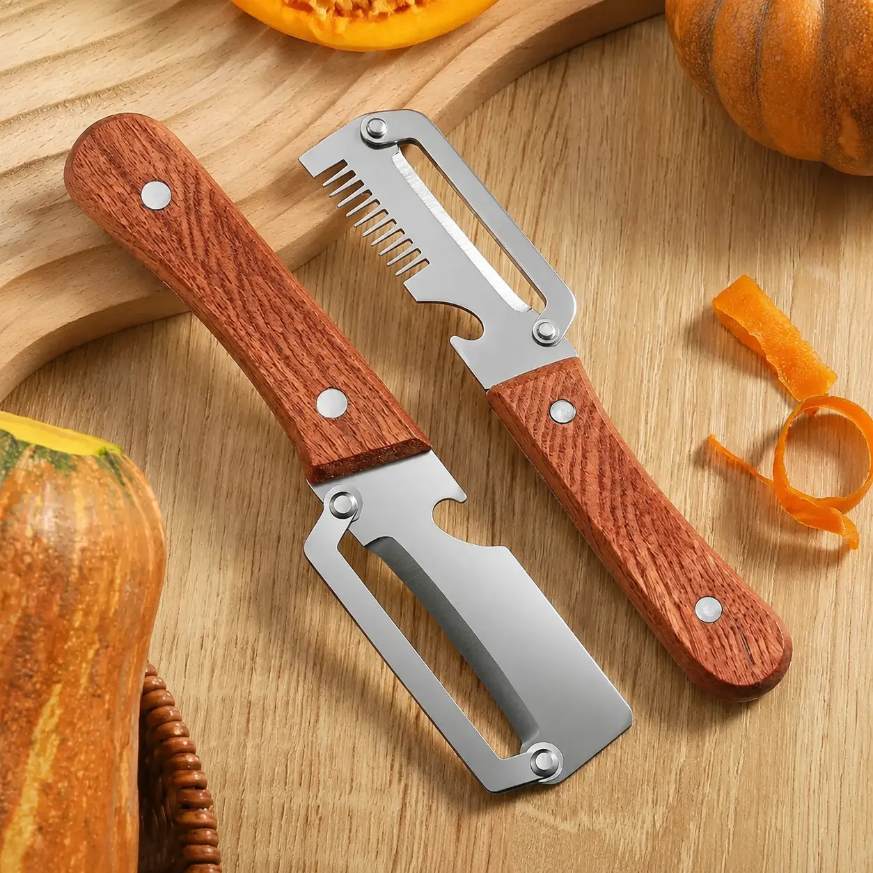 2-Piece Set Multi-Functional Kitchen Vegetable Peeler - Ultra-Sharp Stainless Steel Blade, Wooden Handle, Bottle Opener - Durable for Peeling, Meal Preparation