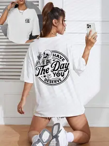 Women's Streetwear Letter & Skeleton Print Drop Shoulder Bold Graphic Tee, Casual Half Sleeve Round Neck T-shirt Top for Daily Wear, Ladies Clothes Womenswear for All Seasons, Spring, Tshirt