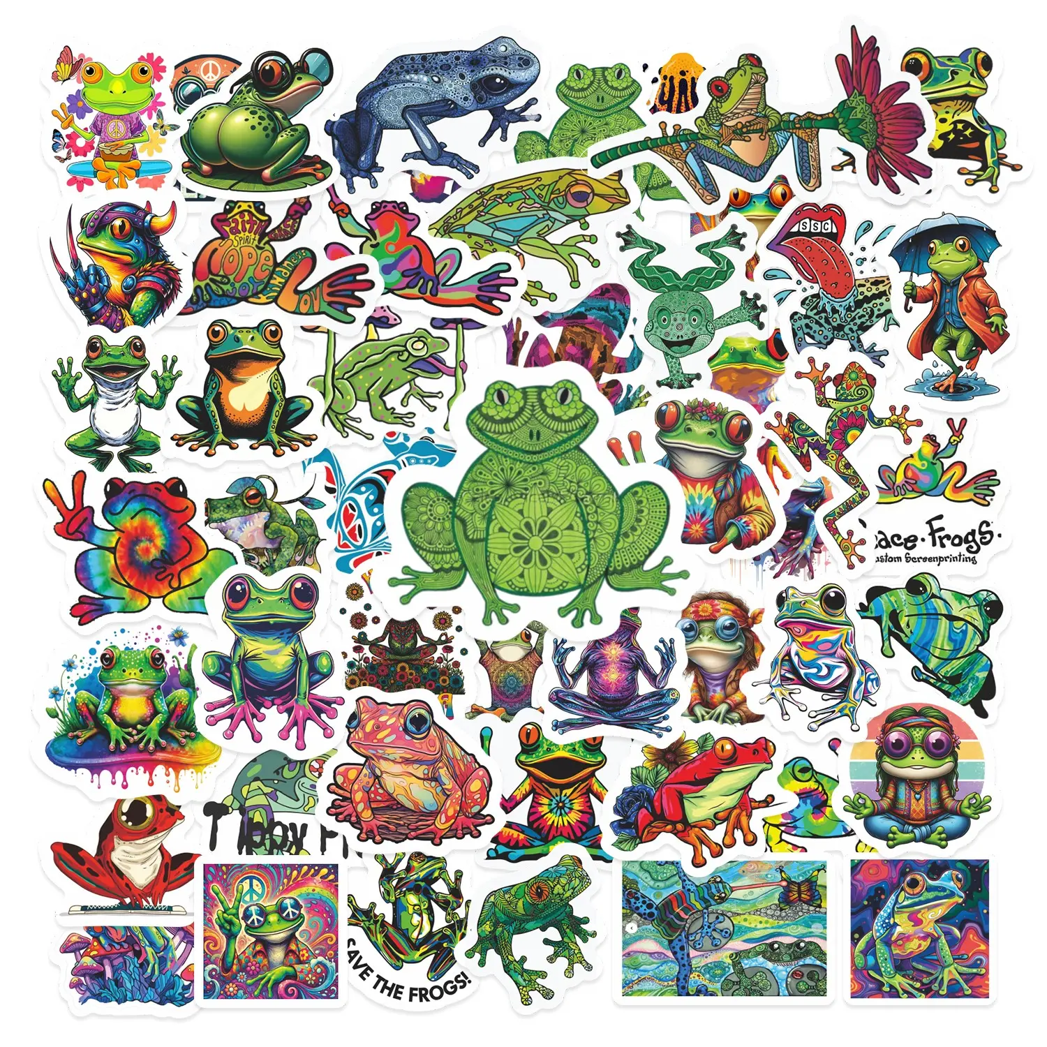 50pcs Colorful Frog Stickers Pack, Waterproof Cute Tie Dye Art Animal Decals for Laptop, Water Bottle, Skateboard & Luggage, Nature Lover Gift, Sticker Packs