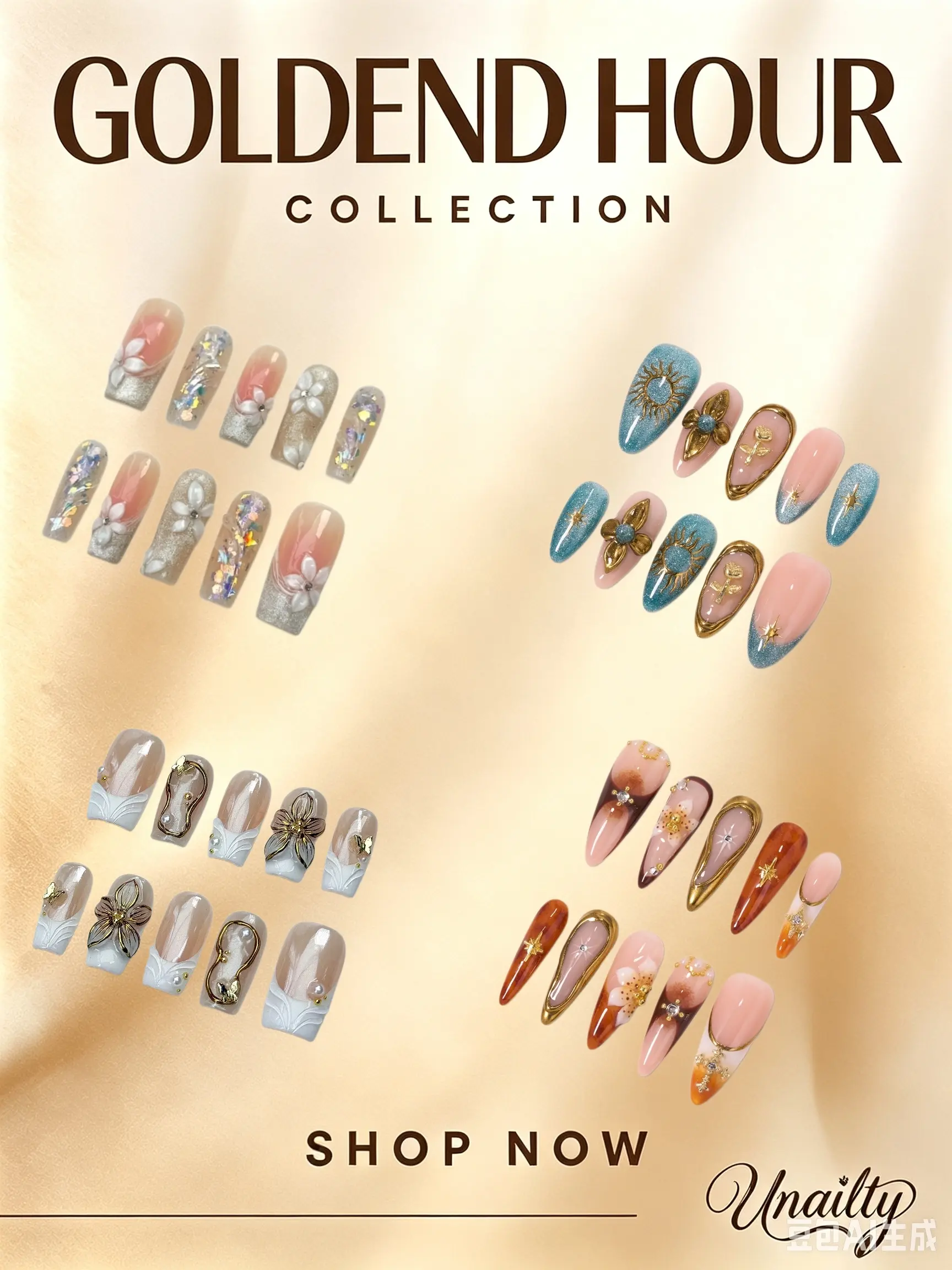 Unailty Golden Hour Collection, Handmade Press-On Nails Kit,  Reusable Long-Lasting Salon-Quality False Nails, Easy to Apply with Sticky Tabs and Glue, Decorative Glossy Design, Handmade Craft, Decorative Press-On False Nails & Accessories