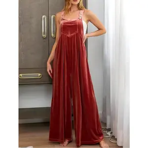 Plus-size casual solid-color retro gold velvet pocket bikini jumpsuit — 100% polyester, round neckline, hand wash, spring/autumn, women’s workwear, brick red, minimalist, sleeveless GARMENTARY