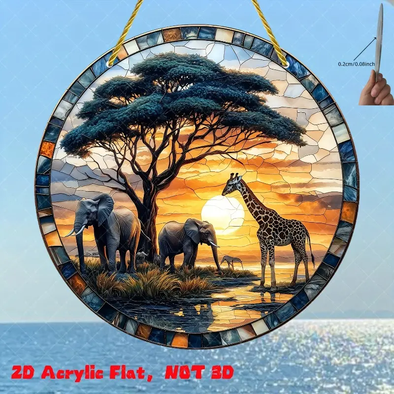 Elephant and Giraffe, Suncatcher, Acrylic Round Window Hanging Ornament, Gift for Lovers, Garden, Courtyard, Home Decor Art, Perfect for Outdoor Seasonal Decoration, Birthday or Holiday Gift, Two-Dimensional Flat Design