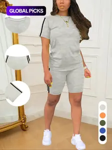 Two-Piece Set Women's Short Sleeve Tee & Shorts, Casual Fitted Basic Round Neck T-shirt & Skinny Shorts, Ladies Summer Clothes, Womenswear