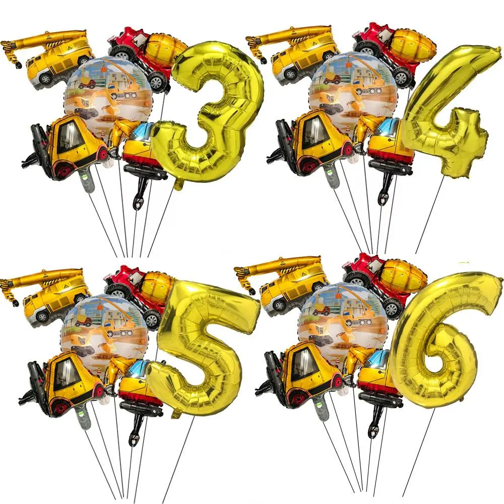 Excavator Vehicle Gold Black Digital Balloon Set For Boys Dump Truck Engineering Kids Construction Theme Birthday Party Supplies