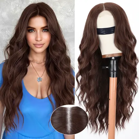 HIUSVO Long Wavy Curly Lace Wig for Women 26 Inch Heat Resistant Synthetic T-Part Hairline Adjustable Cap Natural Looking for Daily Party Cosplay