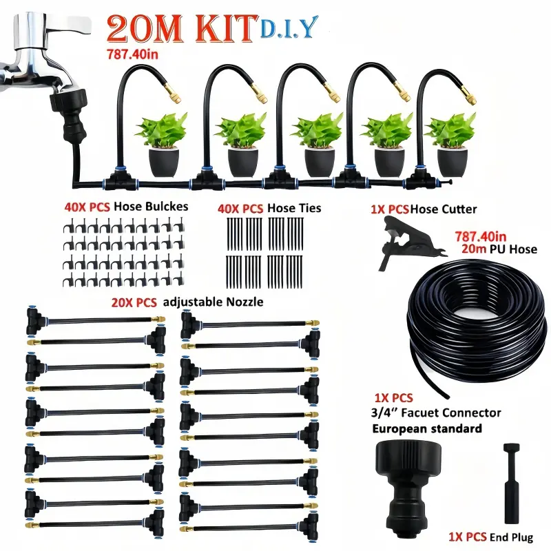 20m universal miniature drip irrigation kit, equipped with adjustable 7.87-inch sprinkler-automatic watering system suitable for balcony greenhouse and gardening, European and American thread standards, flexible and plastic hose, Garden Hose Sprayer