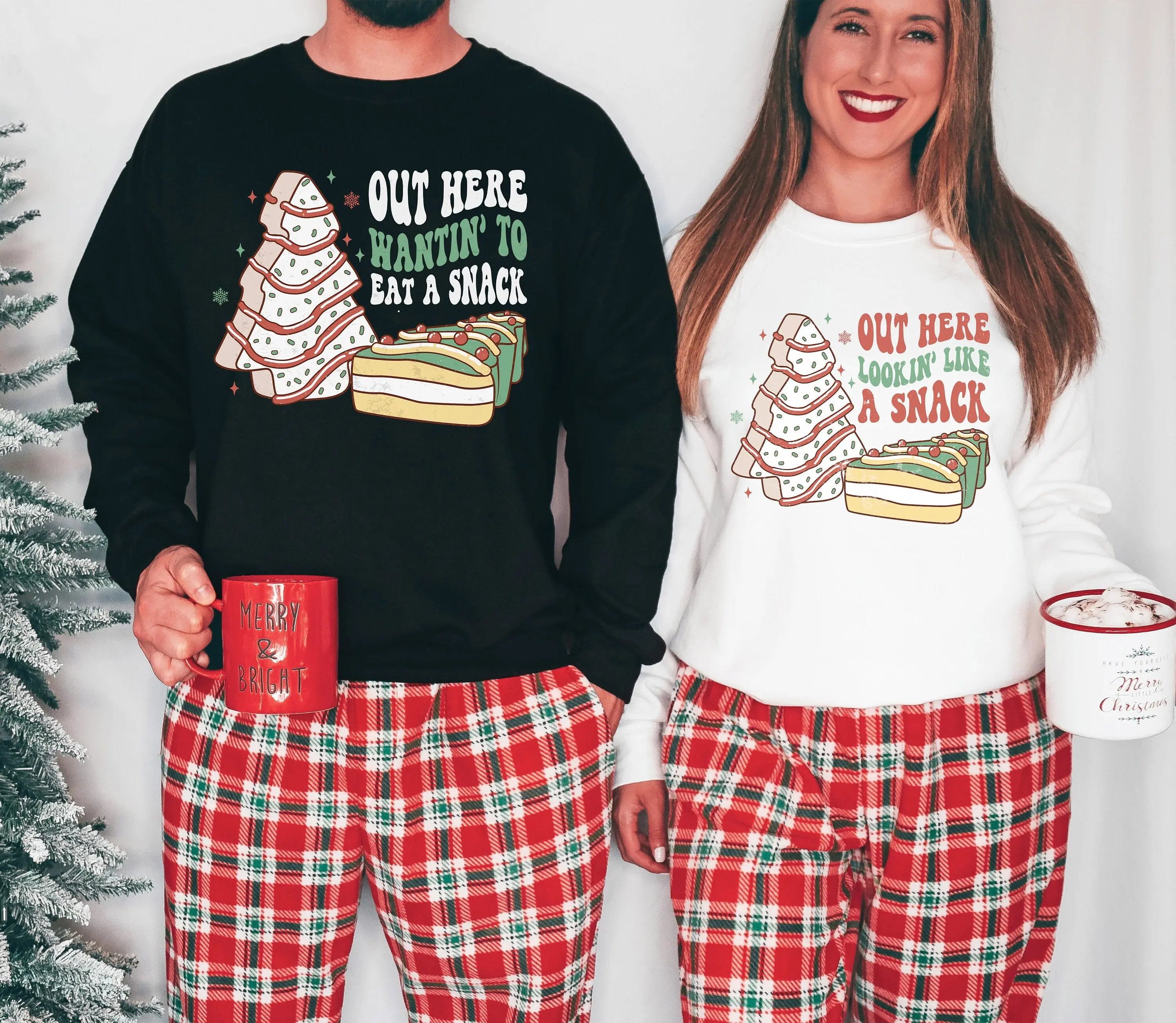 Out Here Lookin Like a Snack Christmas Tree Cake Funny Matching Couples Christmas Sweatshirts, His and Hers Couples Christmas Pajamas