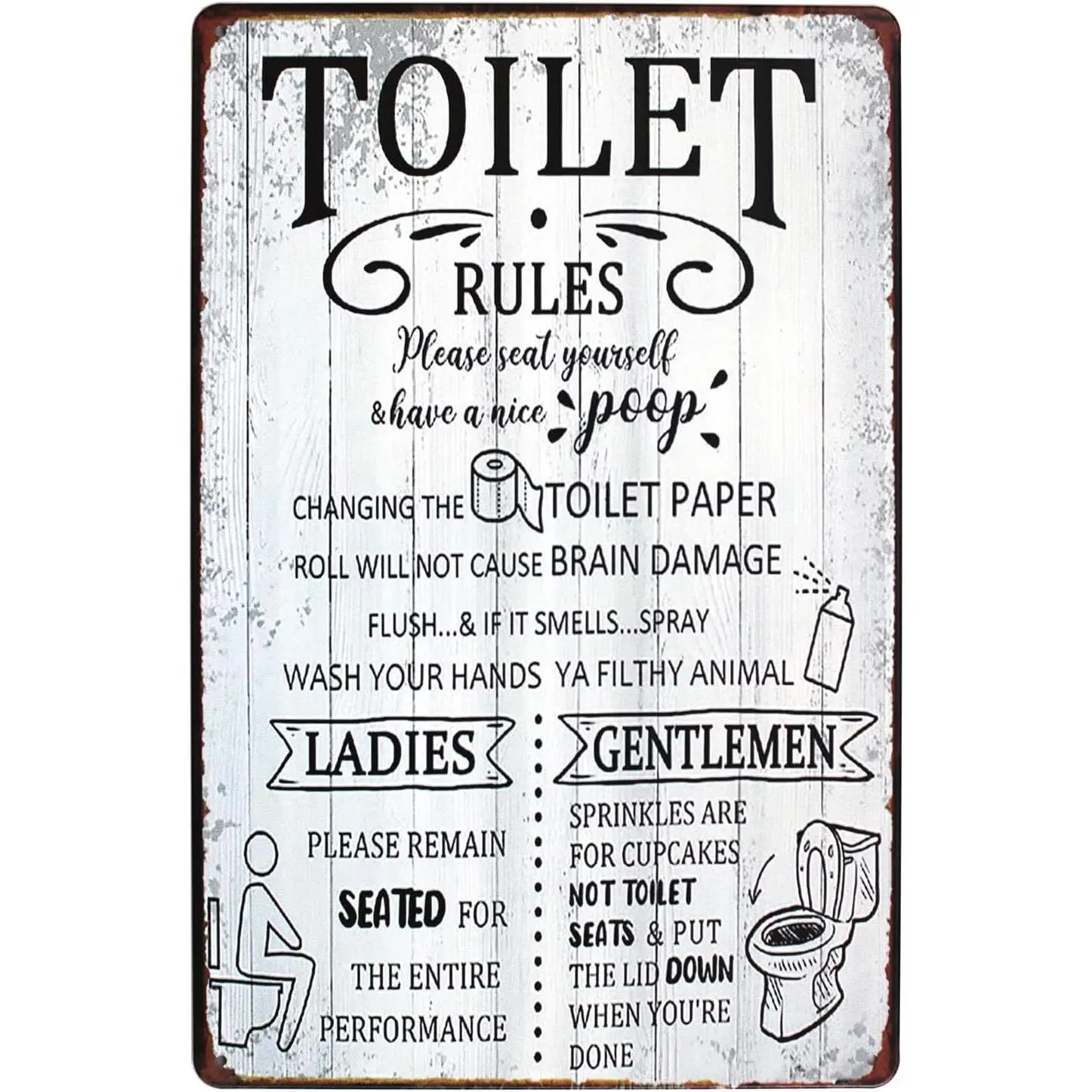 Retro Vibe Rectangle Metal Tin Toilet Rules Wall Plaque - Home Decor Products, Bathroom Decor, Male Cave Humorous Quote Sign with "Seat Yourself Have a Nice Poop", Kitschy Charm Casual Home Gift for Men's Stuff Enthusiasts