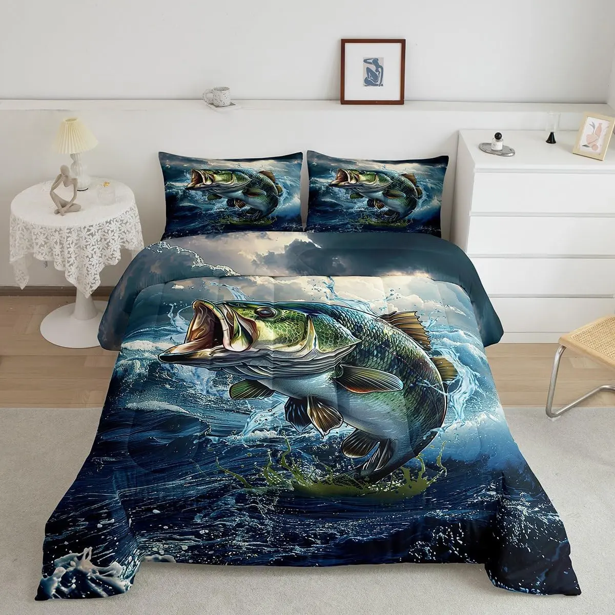 Pike & Bass Designer Microfiber Duvet Set - King Size, Cozy Aesthetic Breathable Fabric Bedding, All Seasons Quilt Set for RV Homes & Kids Rooms, Animal Fish Prints Modern Geometric Fishing Theme, Super Soft Lightweight Decor