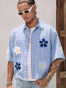 Unisex Plaid Floral Casual Embroidered Short Sleeve Shirt, American Vacation Style Loose Cuban Collar Open Front, Summer Streetwear Trend