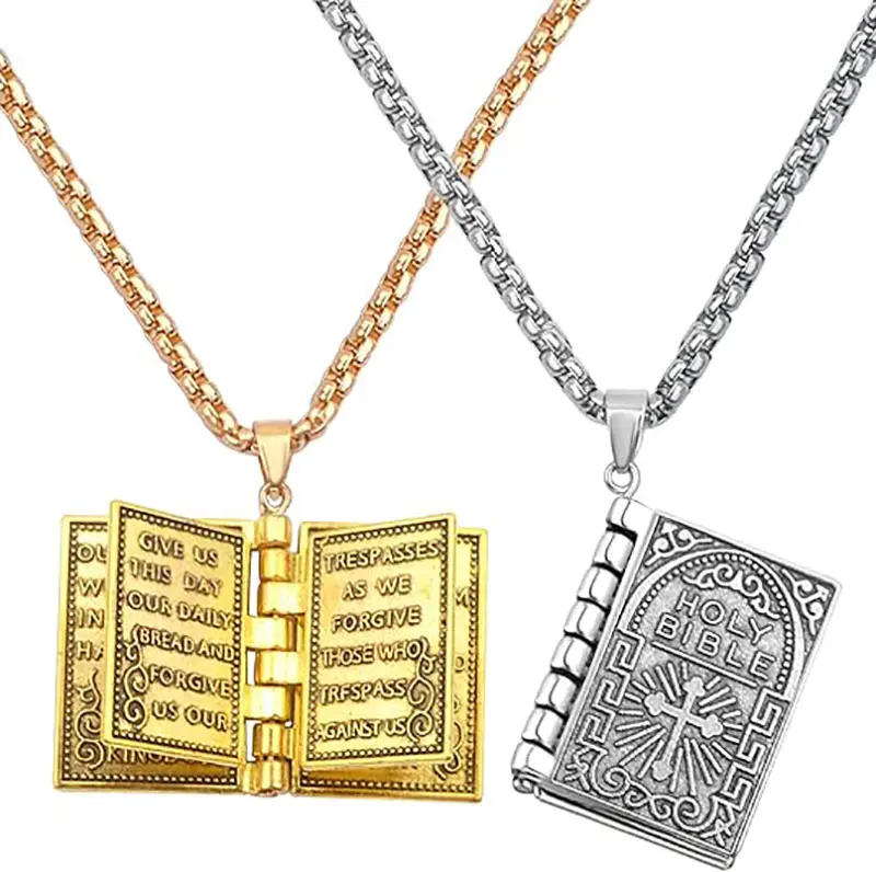 1pc Retro Stainless Steel Open Bible Cross Pendant Necklace with Long Gold Statement Chain, Unisex Chain Jewelry, Elegant Prayer Accessory, Ideal Christmas Gift