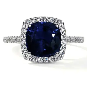 Classic Square Cushion Blue Sapphire Halo Ring with Pave Set Diamonds (2.65cttw)- RBS015-8X8-AA