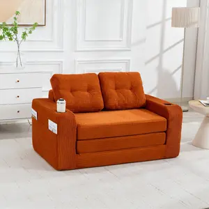 Corduroy 2-in-1 Convertible Couch - Oversized Deep Seat Loveseat with Cup Holders, Side Pockets, Pillows, Expandable Floor Sleeper, No Assembly, Compressed Boneless Design for Living Room, Bedroom