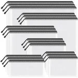 Zipper Mesh Document Pouch, 6 Assorted Size (Black, 18 Packs), Clear Waterproof Zipper Pouch for Office Supplies, Puzzles, Board Games and Craft Projects