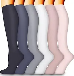 Knee High Compression Socks - Support Socks for Nurses, Travel, Running, Everyday Use, Boost Circulation & Reduce Fatigue, Multi-Color Pack（6 Pairs）