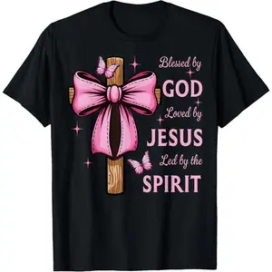 Fitted Coquette Women's T-Shirt in 100% Cotton with "Blessed by God" Bow & Cross Graphic - Short-Sleeve Christian Streetwear Top, Shortsleeve