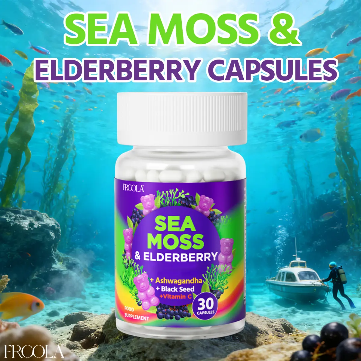 Frcola Sea Moss & Elderberry Capsules - Multi-Vitamins with BlackSeed, Vitamin C, Zinc , Shwagandha