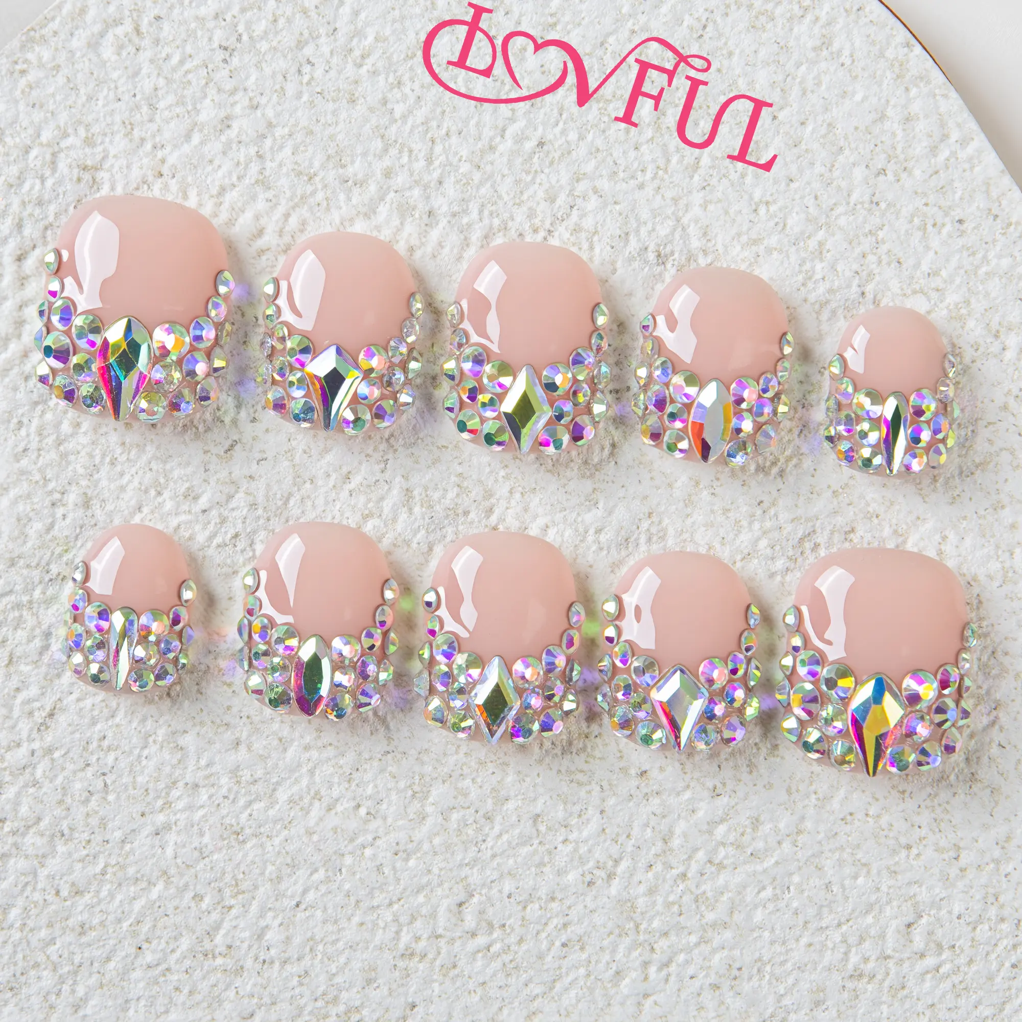 Lovful | Square Short Length 0.8" Daily Wear Handmade Acrylic Press On Nails #DealsForYouDays I 10PCS Reusable, Salon Quality, H38-H314 Elegant Rhinestone Decorated