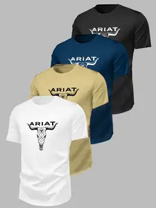 Street Style Cool T-Shirt Set, Western Bull Head Print, Slim Fit, Casual Short Sleeve, Unisex, All Seasons, 4 Pieces
