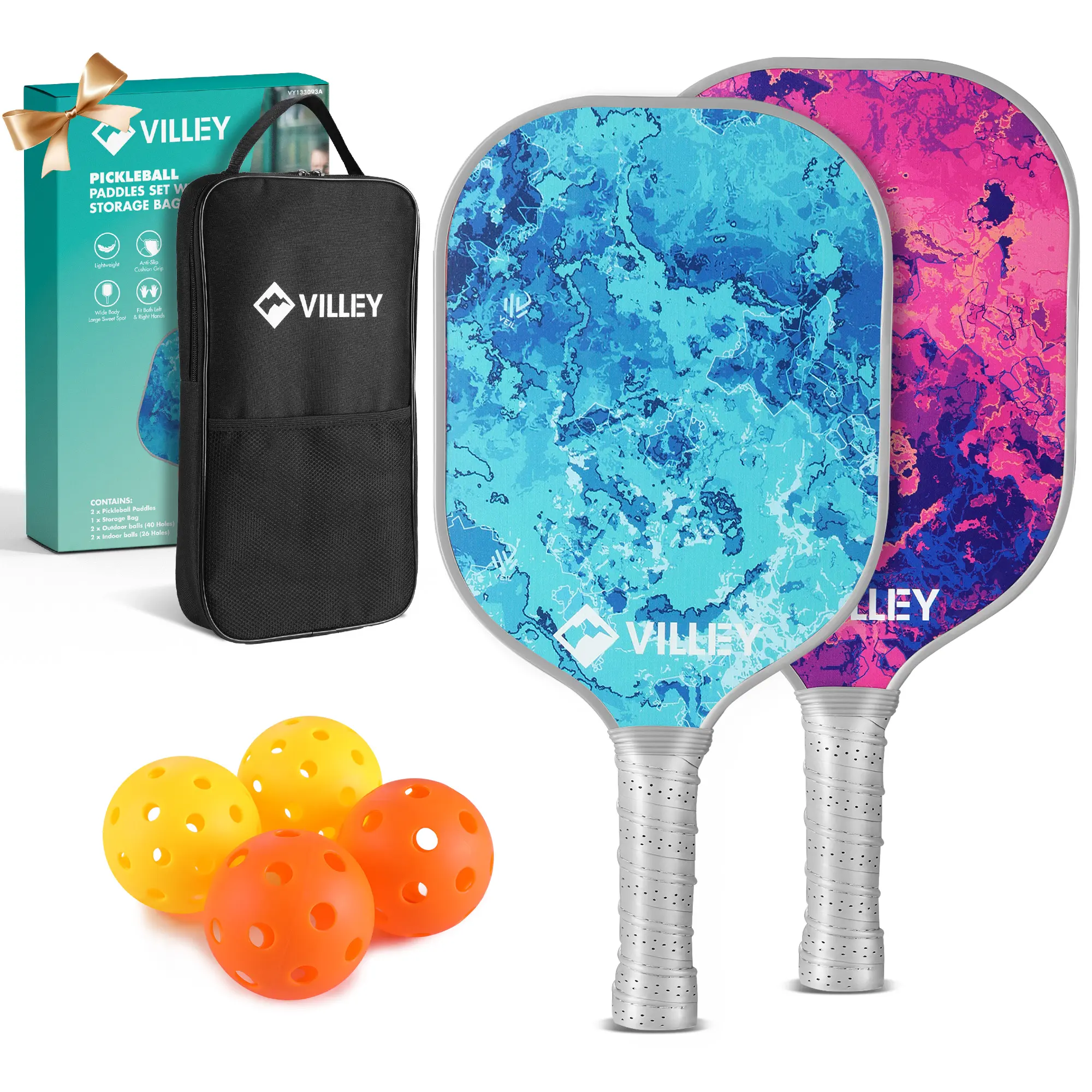 #fathersdaygift VILLEY Pickleball Paddles Set of 2, Fiberglass Surface Pickleball Set with 4 Pickleball Balls and Pickleball Bag, for Men, Women, Kids, Adults