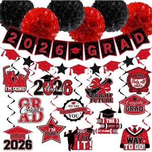 Red and Black Graduation Decorations 2026, 2026 Grad Banner and Congrats Grad Hanging Swirls, Red Graduation Banner Graduations Hanging Swirls College Graduations Party Decorations Class of 2026