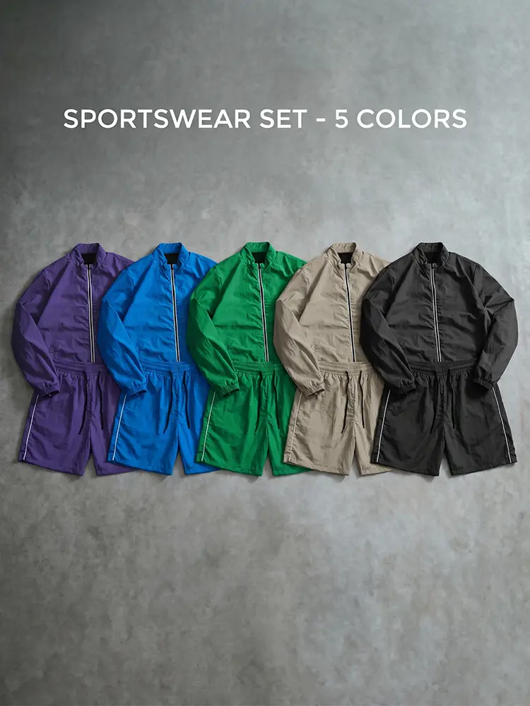 Men’s casual sports set, breathable windproof stand-collar jacket + casual shorts, suitable for fitness, running, hiking, and other outdoor activities, solid color minimalist design, quick-dry fabric, regular fit.