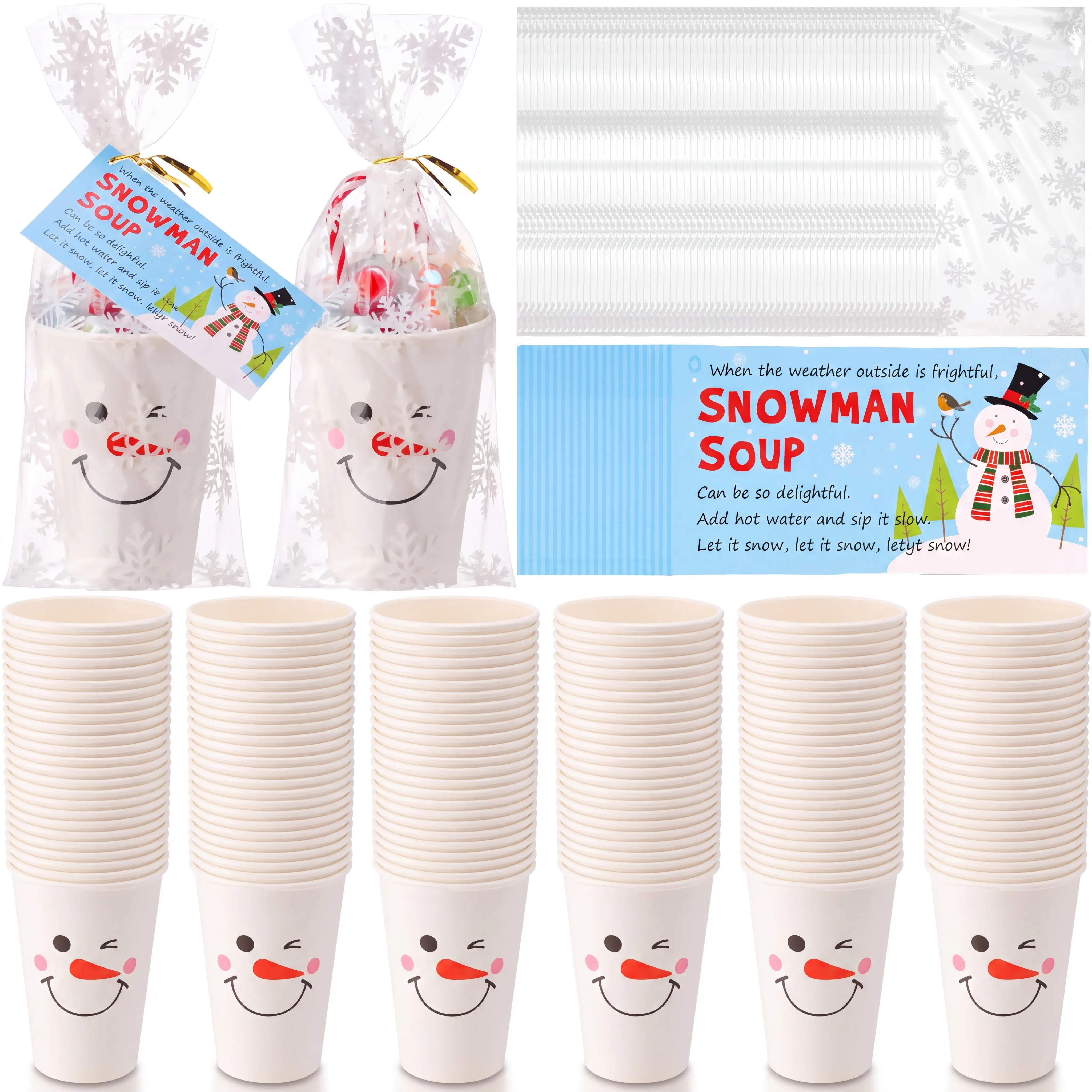24/50/100 Sets Christmas Snowman Soup Kits for Classroom Coworker Gift 12 Oz Winter Snowman Paper Cups for Hot Cocoa Chocolate Soup Tags Clear Xmas Bags