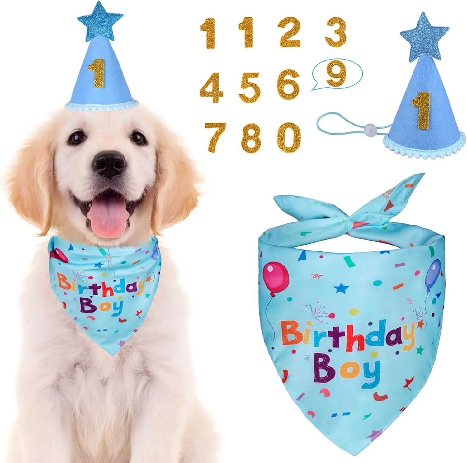 Dog Birthday Bandana Set, Dog Birthday Party Supplies, Puppy Boy Girl Birthday Party Hat with Numbers for X-Small, Small and Meidum Puppy (Blue)