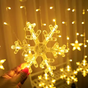 12FT 158LED Battery Operated Snowflake Curtain Lights, Icicle String Lights, Warm White Decor for Window Eaves Porch Christmas Holiday Indoor Outdoor