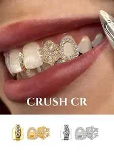 CRUSH CR 14/18K Gold Plated Iced Out Snowflake Star Hollow-Out Dual Tooth Grillz Set Paved with 5A CZ Stones in Gold/Silver Options, Accessory Perfect for women girls at winter holiday parties Christmas New Year’s Eve festive TikTok content