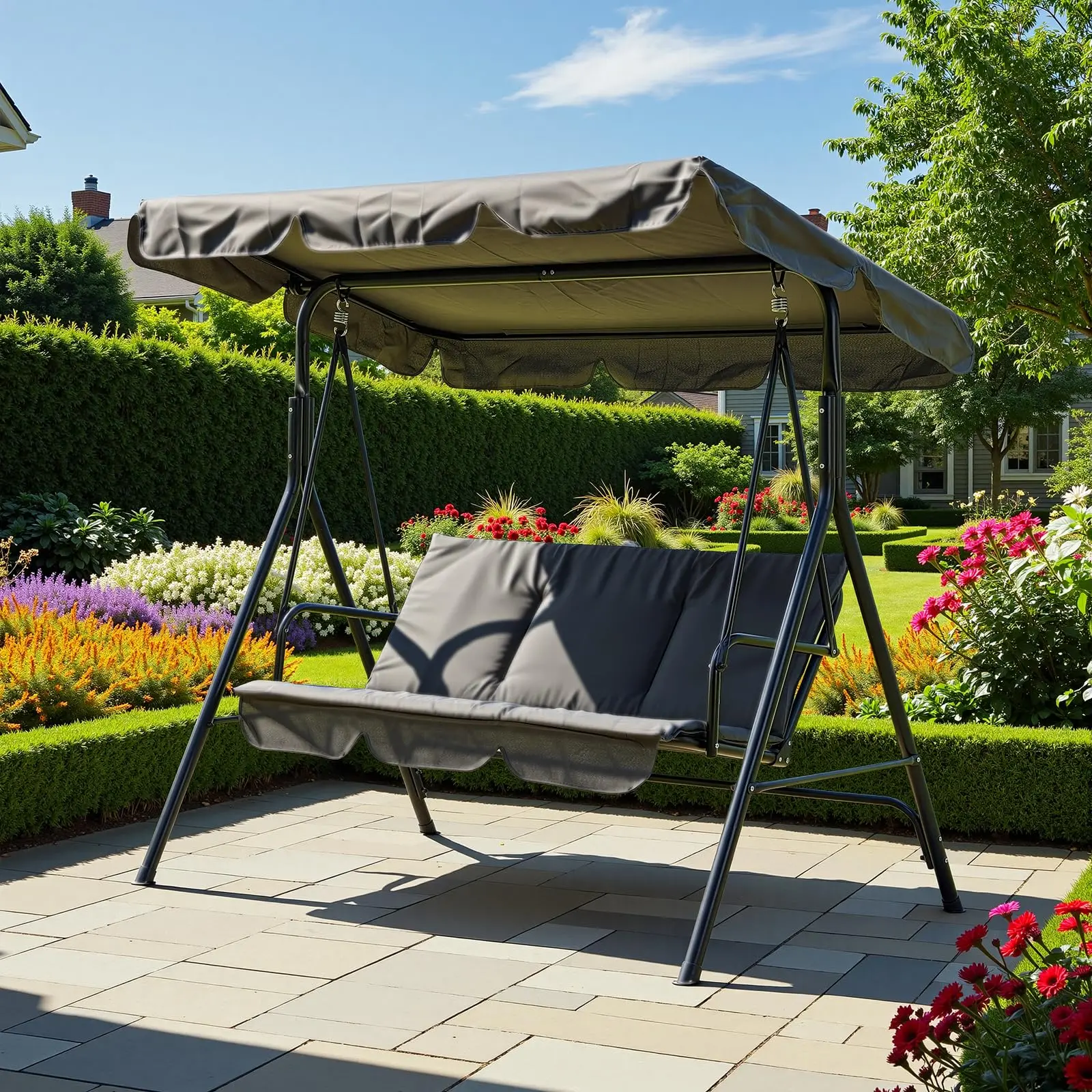 YJ-Garvee 3 Person Porch Swing Chair,Outdoor Patio Swing Chair with Adjustable Canopy and Armrests,Breathable Fabric Seat & Backrest,Outdoor Swing for Backyard, Garden, 600 Lbs Max LoadGrey