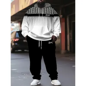 Plus Size 2-Piece Set Men's 'King' Letter Print Plaid Hooded Long Sleeve Sweatshirt and Pants Set Casual Outfit Suitable for Spring and Autumn Clothes Menswear men's 2 piece set Gamis Trouser Motocross Checked Mixed Color