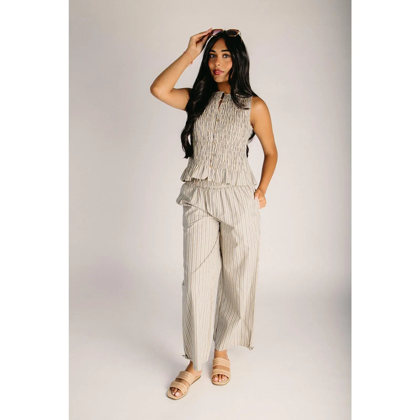 The Erman Striped Summer Blouse + Pant Set in Cream + Blue