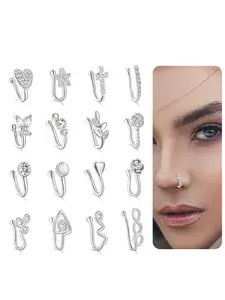 16Pcs African Faux Nose Cuff Non Piercing Inlaid Cubic Zirconia Clip on Nose Ring Star flower Leaf Heart Shape Nose Ring Fake Nose Cuff for Women Silver Gold Rose Gold Tone Rhinestone Nose Ring