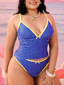 Plus Size Women 2-Piece Random Geometric Square Print Fashion Vacation Casual Slimming Modest Bow Adjustable Thick Strap High Waist High Leg Opening Triangle Bikini Swimsuit 2026 New Backless Tankini Set